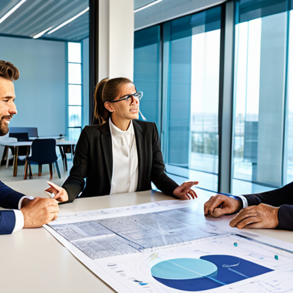 A diverse group of professional renewable energy engineers, including men and women, collaboratively discussing a large digital blueprint of a sustainable energy project in a modern office conference room. They are fully clothed in modest business attire, reflecting a professional dress code. The room is brightly lit with natural light, showcasing a high-tech environment. safe for work, appropriate content, fully clothed, professional, perfect anatomy, correct proportions, natural poses, well-formed hands, natural body proportions, high-quality, professional photography.
