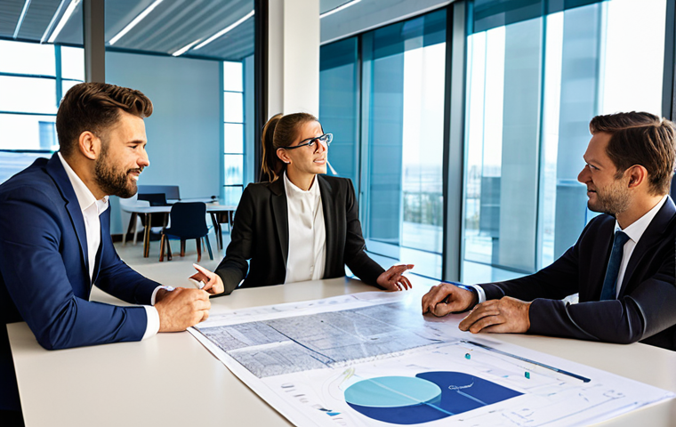 A diverse group of professional renewable energy engineers, including men and women, collaboratively discussing a large digital blueprint of a sustainable energy project in a modern office conference room. They are fully clothed in modest business attire, reflecting a professional dress code. The room is brightly lit with natural light, showcasing a high-tech environment. safe for work, appropriate content, fully clothed, professional, perfect anatomy, correct proportions, natural poses, well-formed hands, natural body proportions, high-quality, professional photography.