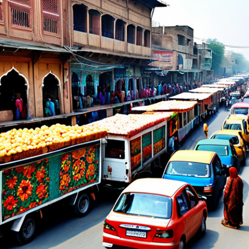 Home 21 **
"A bustling street scene in Lahore, Pakistan, featuring colorful trucks with intricate Jingle Truck art, street food vendors selling samosas and jalebi, and traditionally dressed people in shalwar kameez. The atmosphere is vibrant and energetic. Safe for work, appropriate content, fully clothed, professional, family-friendly, perfect anatomy, natural proportions, professional photography, high quality."
**