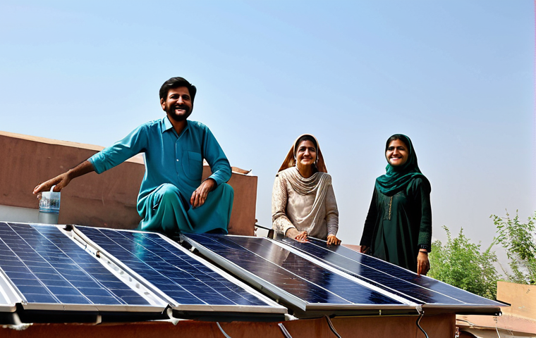 Solar Panel Installation**

"A family-friendly scene showcasing a modern Pakistani home with solar panels installed on the roof, fully clothed family members smiling in the foreground, sunny day, clear blue sky, safe for work, appropriate content, fully clothed, professional photography, perfect anatomy, natural proportions, modest and energy-efficient design, promoting sustainable living in Pakistan."

**