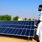 **

"A Pakistani engineer, fully clothed in a professional work outfit, inspecting a solar panel installation in a rural area of Sindh, Pakistan. The backdrop features a clear, sunny sky and traditional Pakistani houses. Perfect anatomy, correct proportions, natural pose, safe for work, appropriate content, fully clothed, professional, high quality."

**