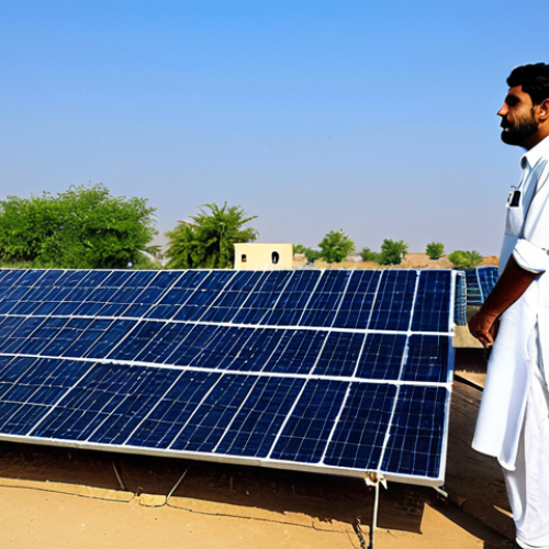 Home 11 **
"A Pakistani engineer, fully clothed in a professional work outfit, inspecting a solar panel installation in a rural area of Sindh, Pakistan. The backdrop features a clear, sunny sky and traditional Pakistani houses. Perfect anatomy, correct proportions, natural pose, safe for work, appropriate content, fully clothed, professional, high quality."
**